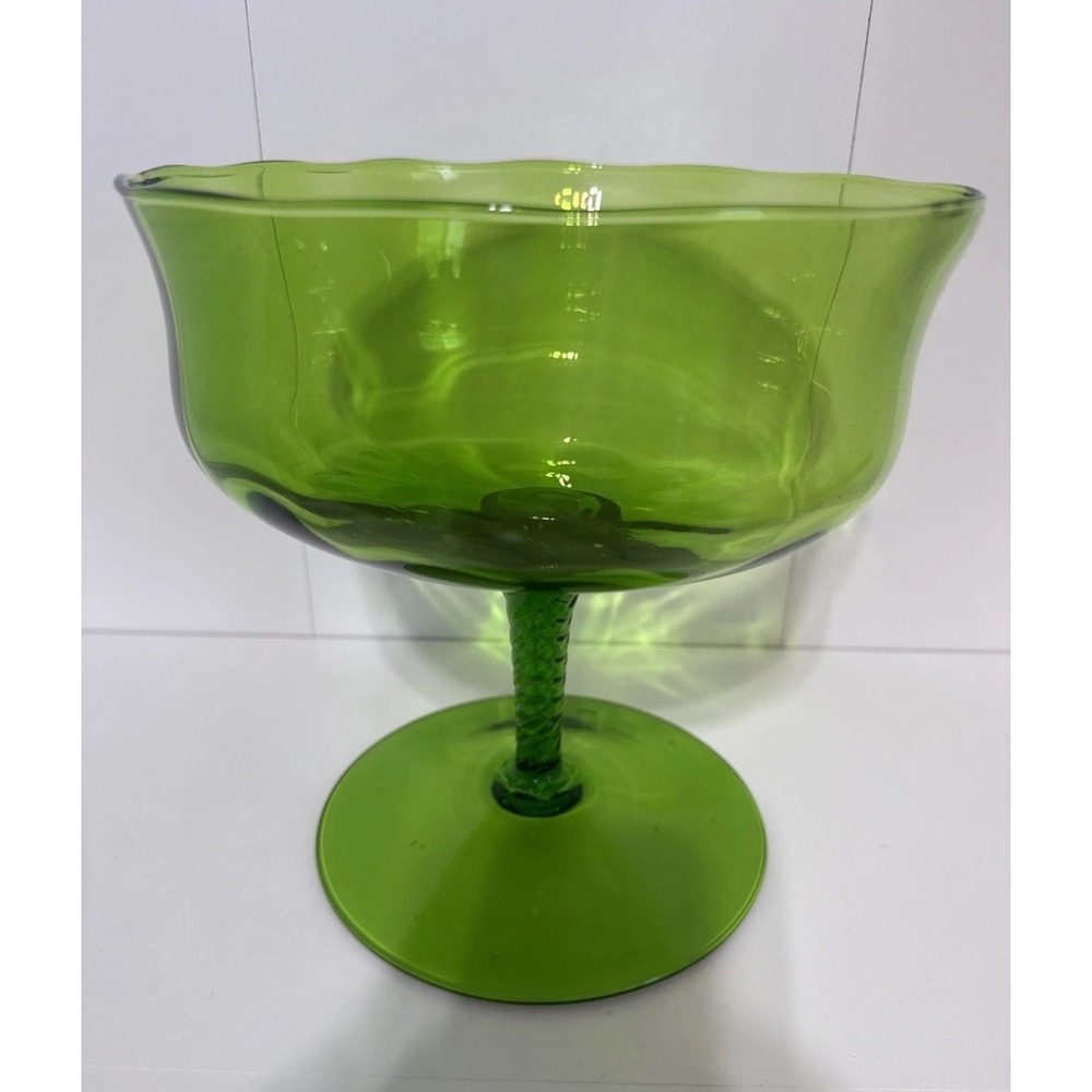 Vintage Empoli Italy Green Glass Compote Twisted Stem Pedestal Bowl MCM 8" Tall